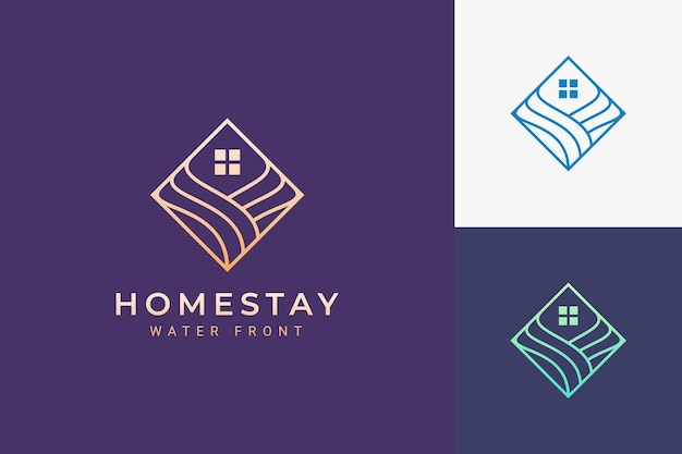 Resort or hotel logo in simple rhombus and ocean wave