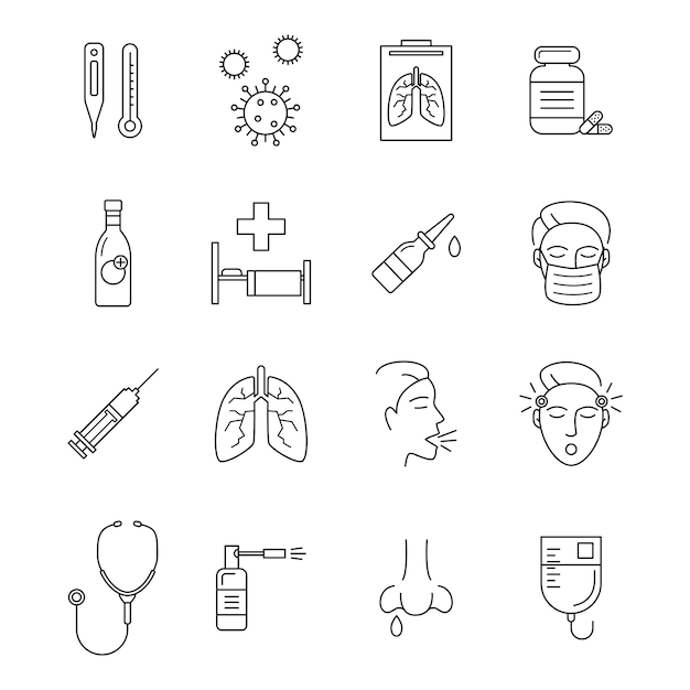 Respiratory Infection Signs Black Thin Line Icon Set Vector