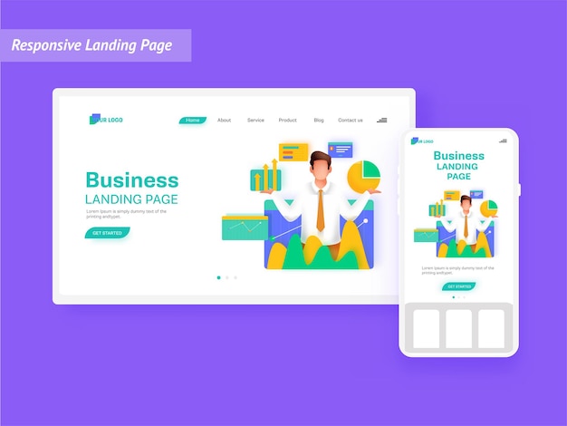 Responsive Landing Page Design With Business Analyst Managing Or Balancing Data On White Background.