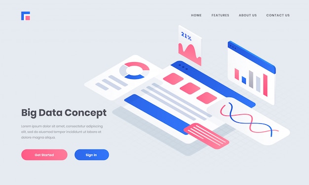 Responsive poster or landing page with infographic multiple website screen for Big Data concept based isometric design.