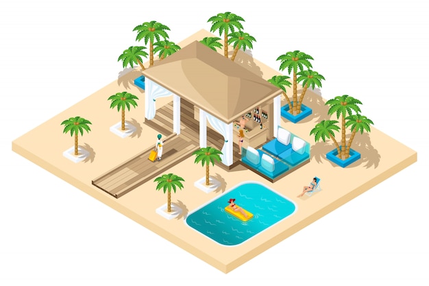  rest house, a girl with a suitcase from the plane goes to the reception, luxurious rest, palm trees, pool, sand