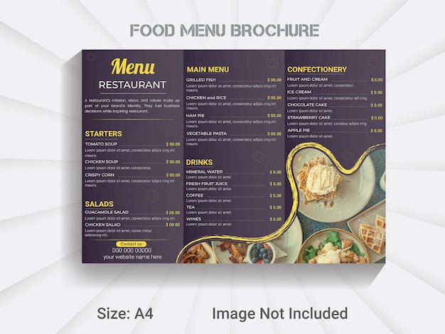 Restaurant A4 size trifold brochure  food menu template, modern Asian food menu layout.