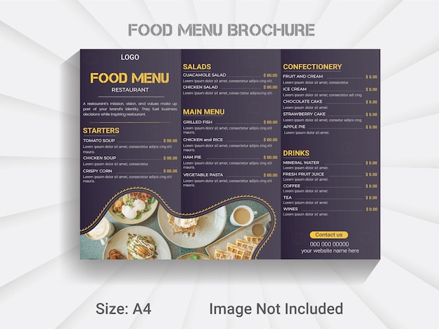 Restaurant A4 size trifold brochure food menu template, modern food menu layout.