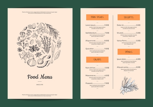 restaurant or cafe menu with hand drawn herbs and spices