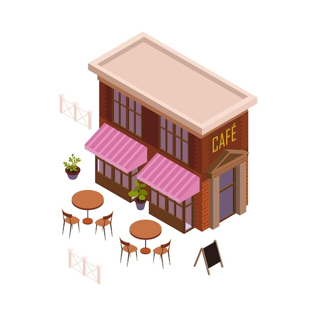 Restaurant and cafeteria interior isometric composition with isolated image of cafe building with outdoor seats vector illustration