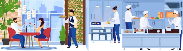 Restaurant chef team cooking in kitchen, waiter serves people on romantic date,  illustration