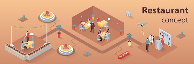 Restaurant concept 3d isometric infographics web banner People visit restaurant book tables staff works at reception waiter brings orders Vector illustration in isometry graphic design