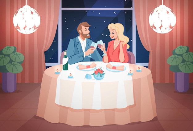 Restaurant date Romantic couple have dinner with candle lights Cheerful man and woman sitting at table and drinking wine in evening Room interior vector scene of meeting in cafe