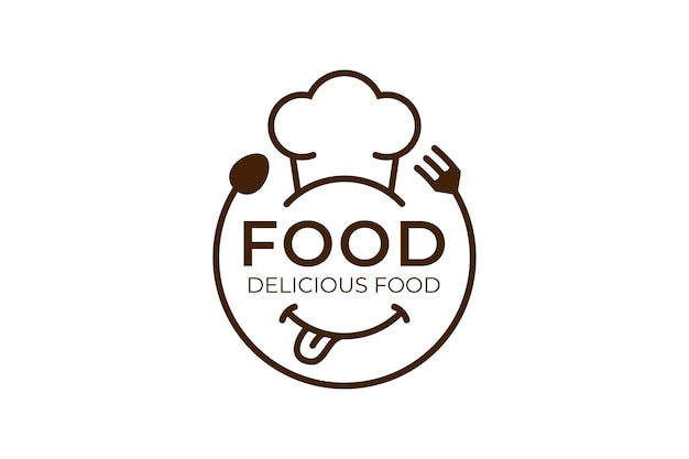 Restaurant delicious food logo badge line style vector design with smile face fork and spoon icon concept for catering food culinary logo design