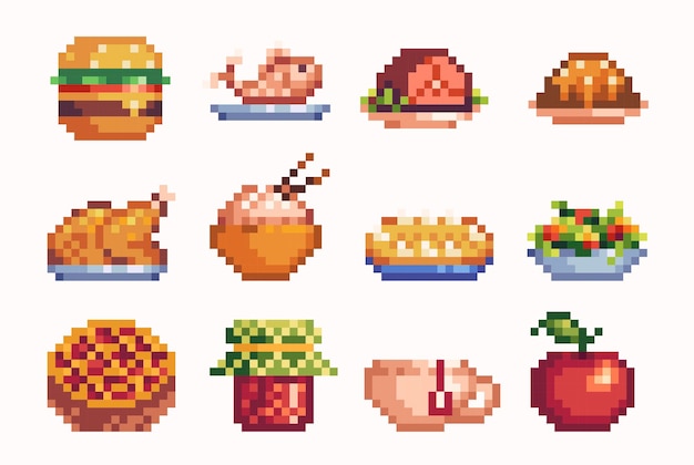 Restaurant dishes pixel art set Salad meat fastfood collection Food menu