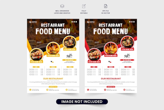 Restaurant flyer decoration with a food menu and discount offer section Restaurant poster design with photo placeholders Food menu flyer template vector with yellow and red colors