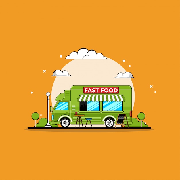 Restaurant food delivery truck with meal icons illustration.