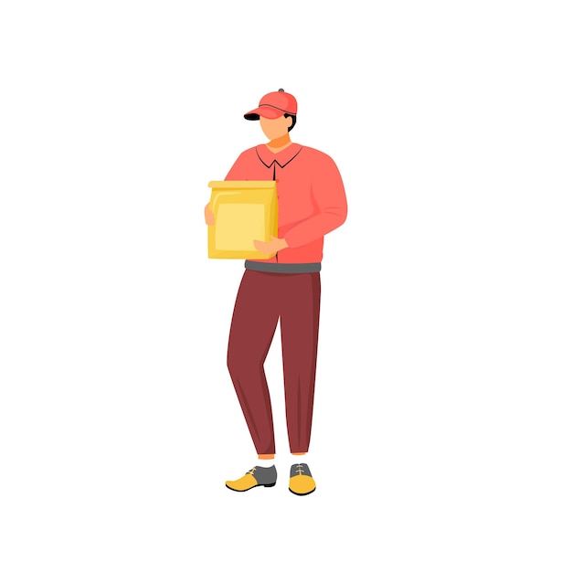 Restaurant food deliveryman, male courier with paper package flat color faceless character. Takeaway, meals delivery service isolated cartoon illustration for web graphic design and animation