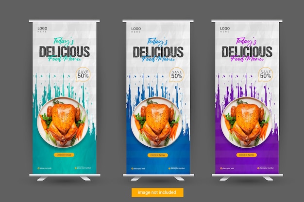 Restaurant and food  Roll up banner template design with three color variation