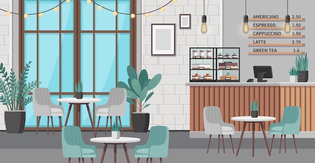 Vector restaurant interior cartoon scene with modern cafe furniture and shelf with cakes vector illustration