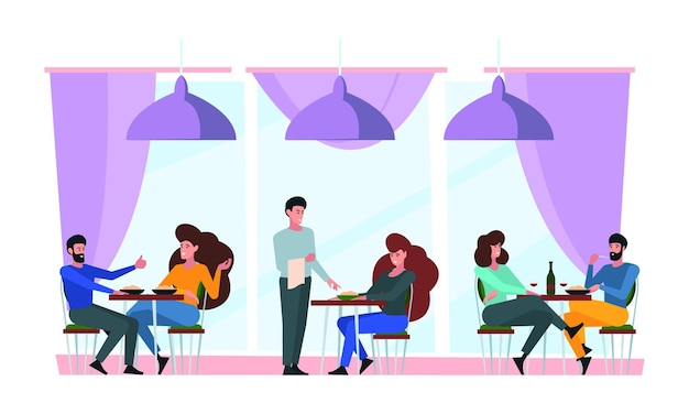 Restaurant interior Friend talking and meeting in bar or coffee woman and men various persons have a rest time for lunch adults in restaurant garish vector flat background