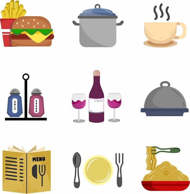 Restaurant Items with Various of Food Menu Flat Vector Collection