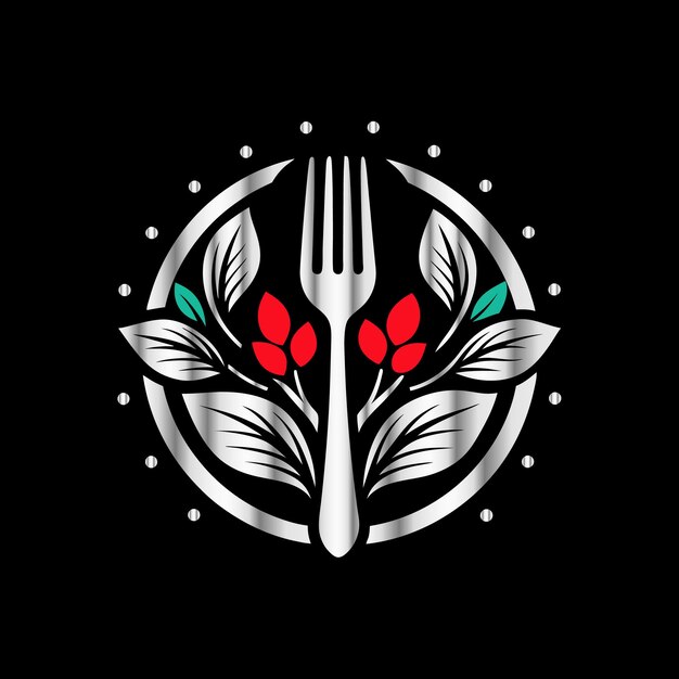 Restaurant logo with cutlery and leaves Vector illustration Fork and laurel wreath vector logo