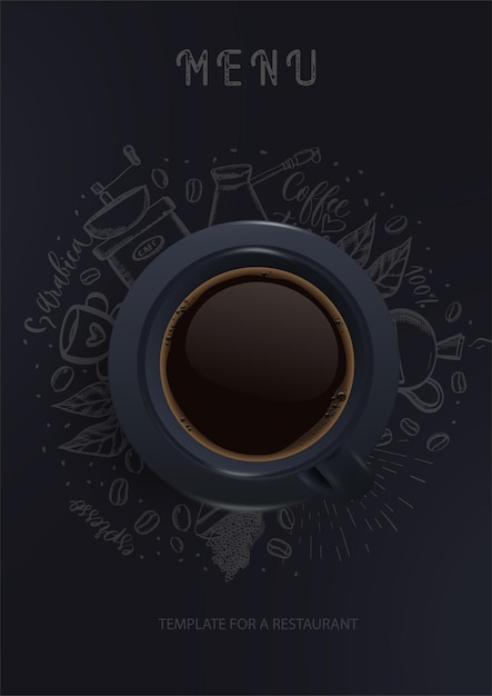 Vector restaurant menu black coffee cup on a black background with coffee silhouettes a fashionable modern poster for a restaurant advertising sign vector illustration of the top view