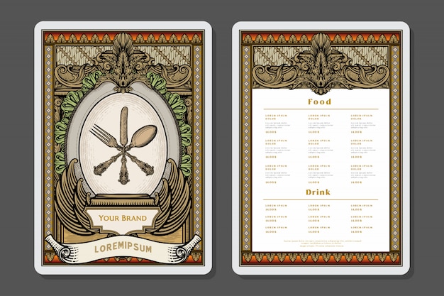 Restaurant menu design and label  brochure template. Chef hat illustration and ornament decoration.