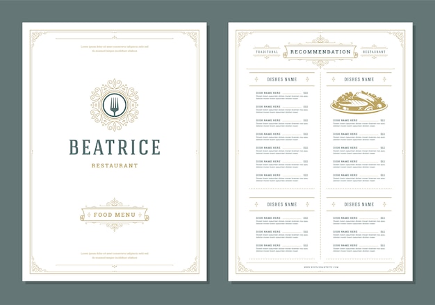 Restaurant menu design and label vector brochure template.