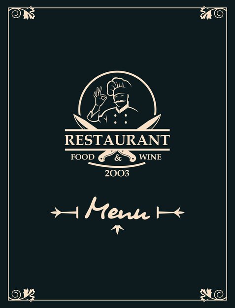 restaurant menu with kitchenware and chef