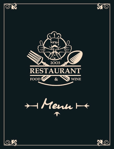 restaurant menu with kitchenware and chef