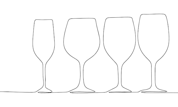 Restaurant minimal banner One line continuous with set of wine glasses vector illustration Outline