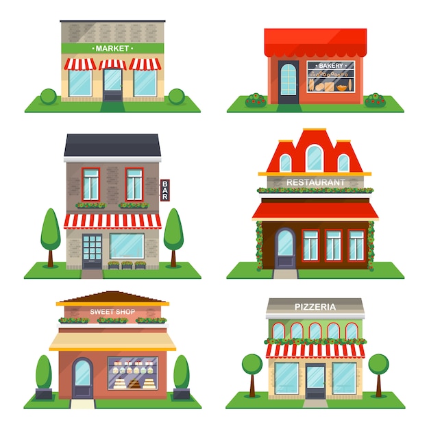 Restaurant and shop facade isolated vector set