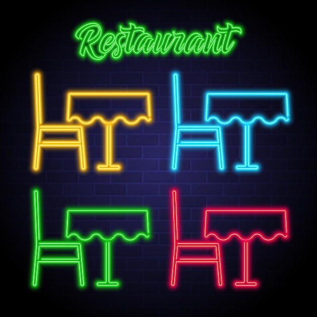 Restaurant table icon with neon light style elements