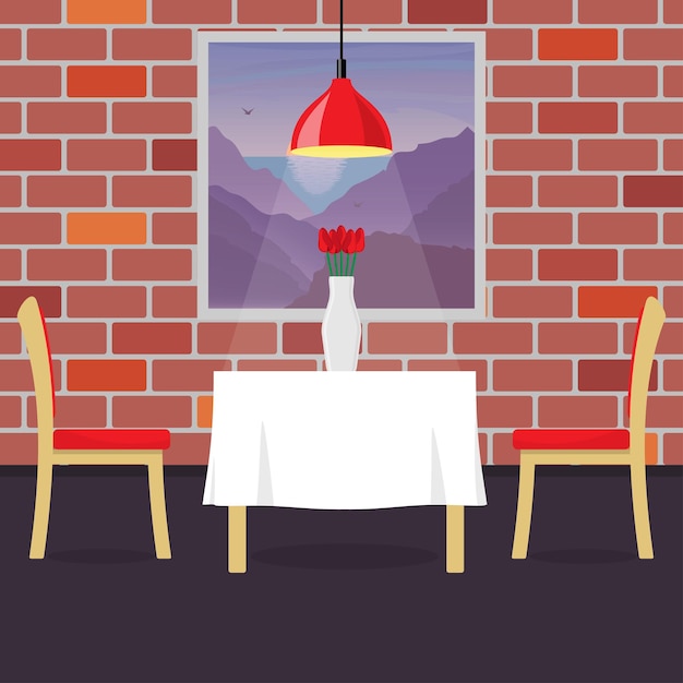 Vector restaurant table with two chairs and vase with flowers table in cosy restaurant a hanging lamp