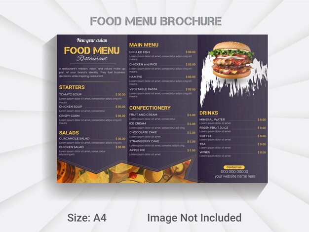 Restaurant  trifold brochure food menu template, modern new year Asian food menu layout.