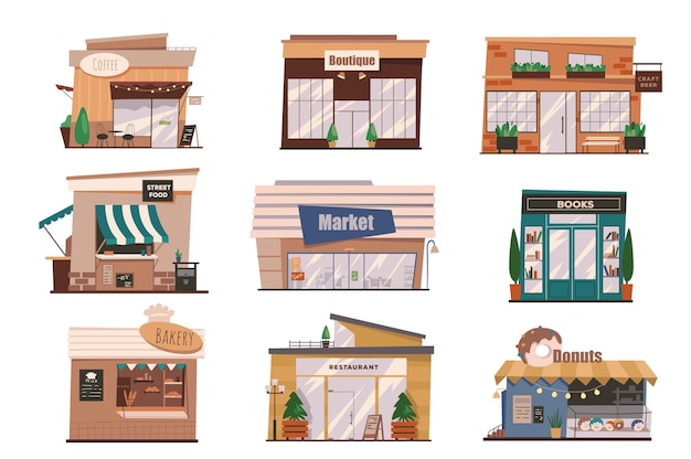 Restaurants and shops facades isolated scenes set