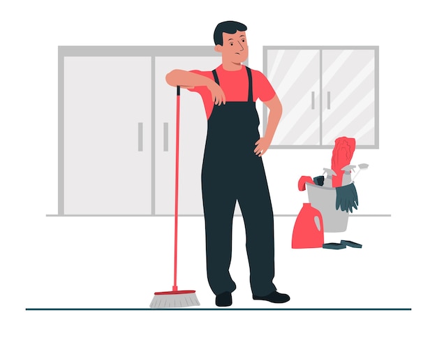 resting cleaning staff man and cleaning equipment concept illustration vector