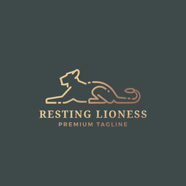 Resting Lioness Abstract Vector Sign Emblem or Logo Template Line Style Graceful Lying Lioness Silhouette with Typography