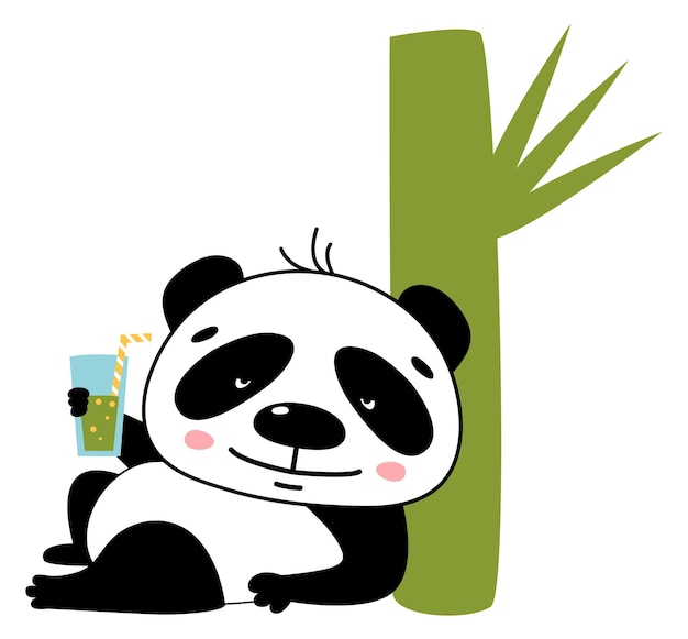 Resting panda with drink glass Funny cartoon bear