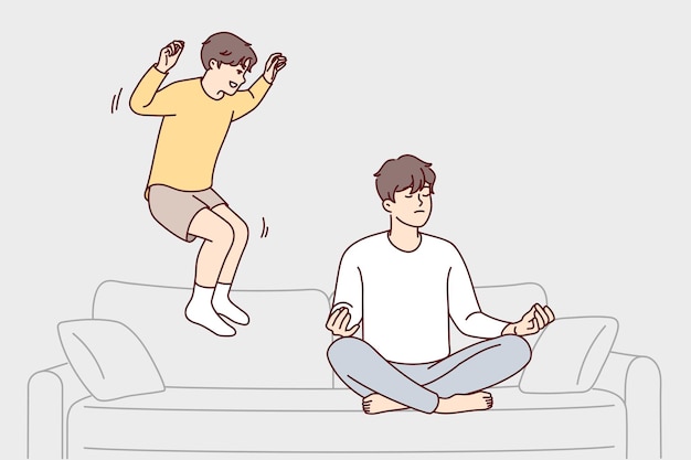 Restrained man sits crosslegged doing yoga ignoring younger brother jumping on sofa Vector image