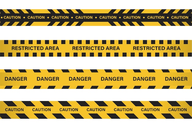 Restricted area, danger tape with yellow and black color. Caution tape for police, accident, under construction, website. Vector warning sign set. Caution tape set with black and yellow warning tape.