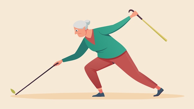 A retired teacher confidently demonstrating how to use a cane for selfdefense in a senior