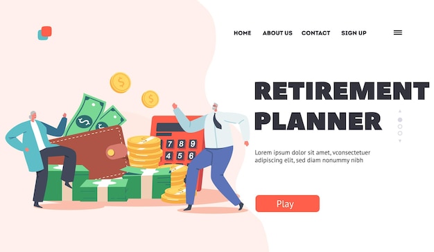 Retirement Planner Landing Page Template Senior Characters Couple Getting Profit and Celebrating Old Man and Woman Dancing at Huge Money Pile Pension Income Cartoon People Vector Illustration