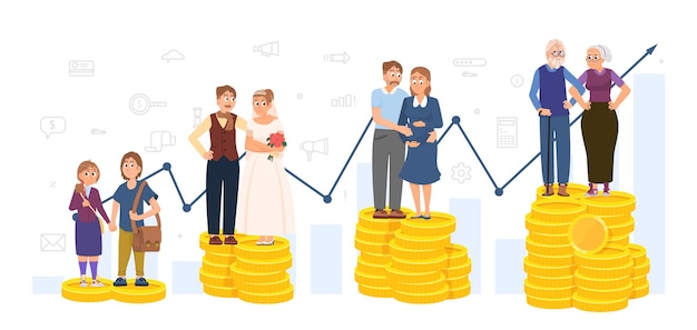 Retirement savings plan Invest in self and family rich grandparents Planning money save business financial management People stand on money decent vector concept