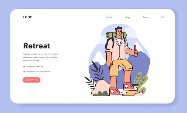 Retreat web banner or landing page Character with a backpack hiking