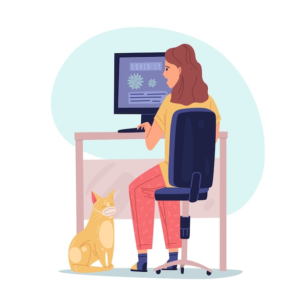 Retrieval virus illustration. The girl is sitting at the monitor and reading information about the virus. Cat in a medical mask. Flat cartoon style.