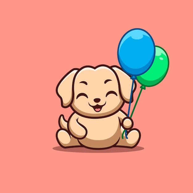 Retriever Sitting Hold Balloon Cute Creative Kawaii Cartoon Mascot Logo