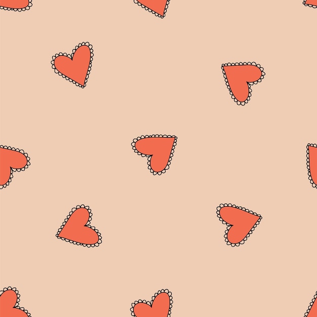 Retro 1970 love heart seamless vector pattern Red heart shapes on beige background Funky groovy seventies style design