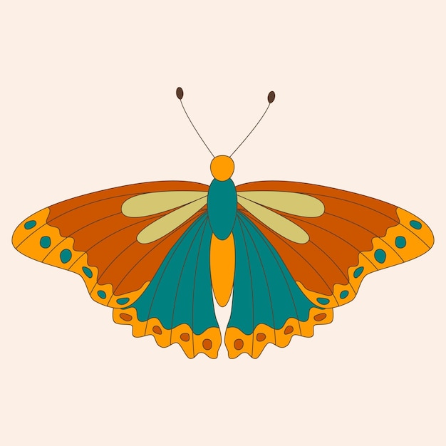 Retro 60s 70s hippie groovy butterfly for cards stickers or poster design Flat vector illustration