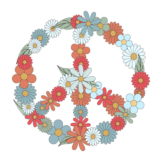 Vector retro 70s 60s. hippie groovy peace sign floral wreath vector illustration isolated on white.