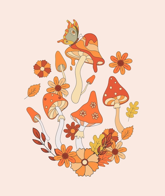 Retro 70s hippie mushrooms leaves and butterfly flat vector illustration Vintage autumn vibe psychedelic elements in 80s style