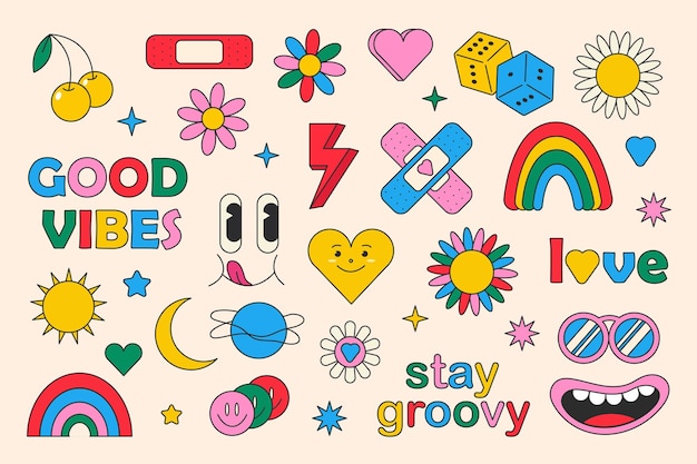 Retro 70s hippie stickers, groovy elements. Free vector hand drawn y2k element collection