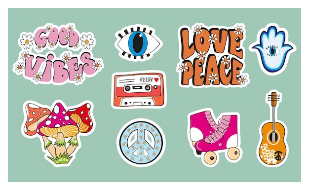 Retro 70s hippie stickers set psychedelic groovy elements Hand drawn funky mushrooms flowers rainbow